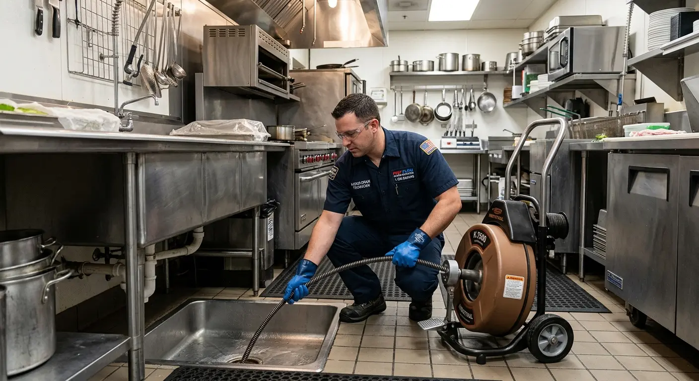Commercial drain cleaning service in a restaurant kitchen in Brawley