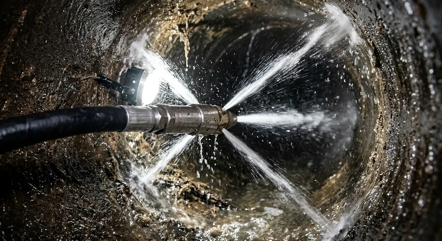 High-pressure hydro jetting nozzle cleaning sewer pipe for Sewer Cleanout in Brawley