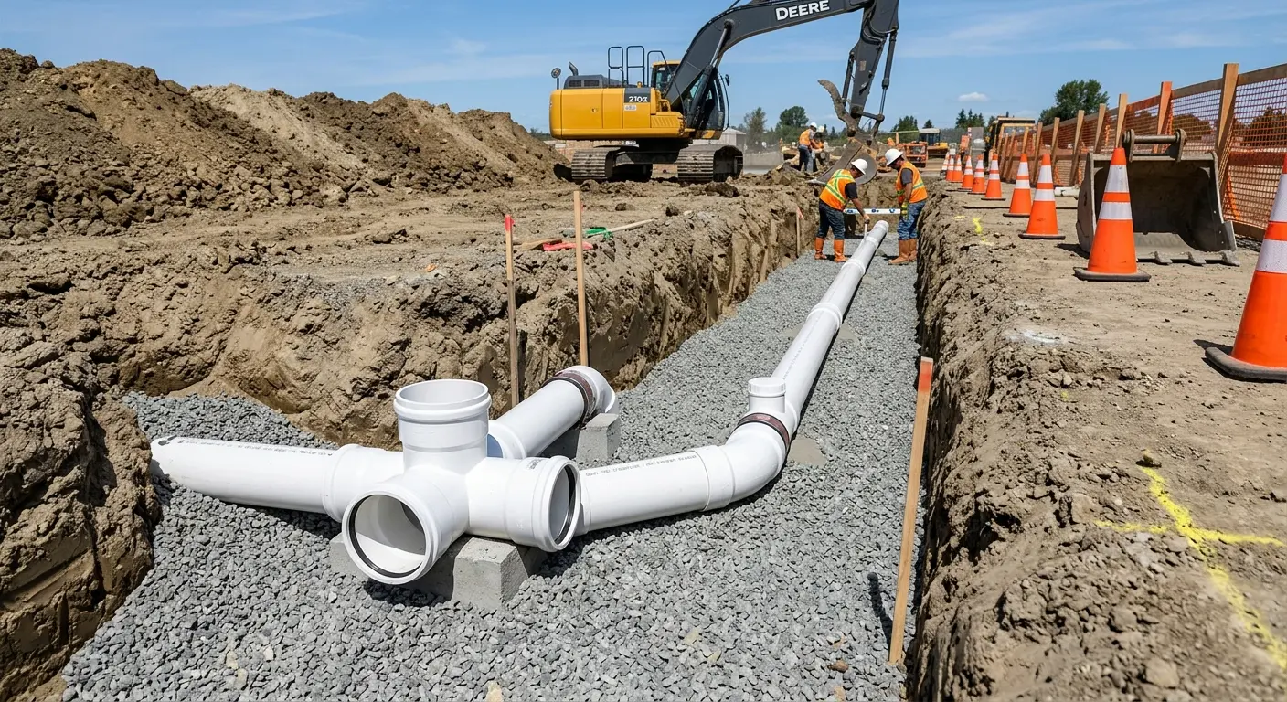 New PVC sewer pipe installation in open trench for Commercial Drain Cleaning in Brawley