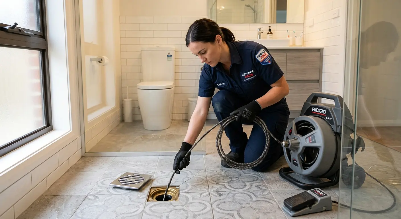 Technician clearing a bathroom floor drain for Hydro Jetting in Brawley
